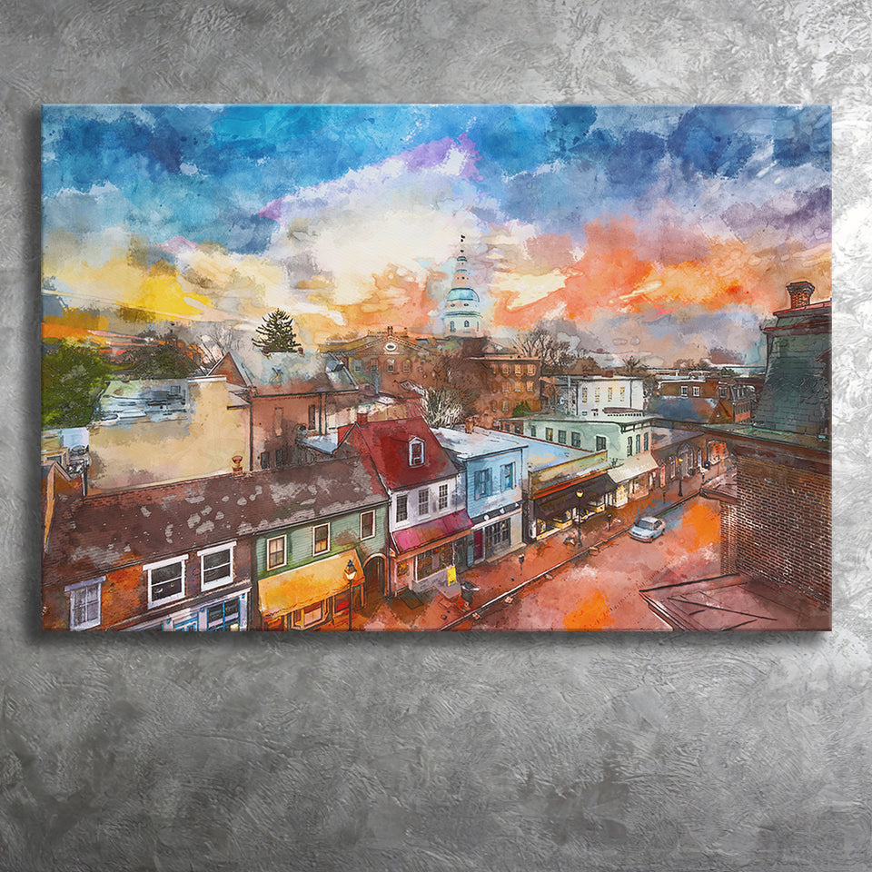 Annapolis Maryland Usa Downtown View Over City Art Watercolor Canvas Prints Wall Art Home Decor, Large Canvas
