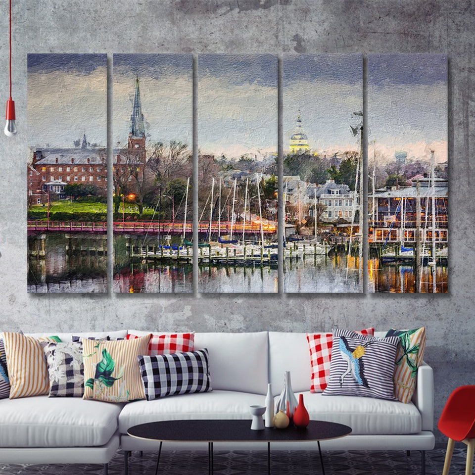 Annapolis Cityscape Maryland 5 Piece B Canvas Prints Wall Art Decor - Painting Canvas, Multi Panels