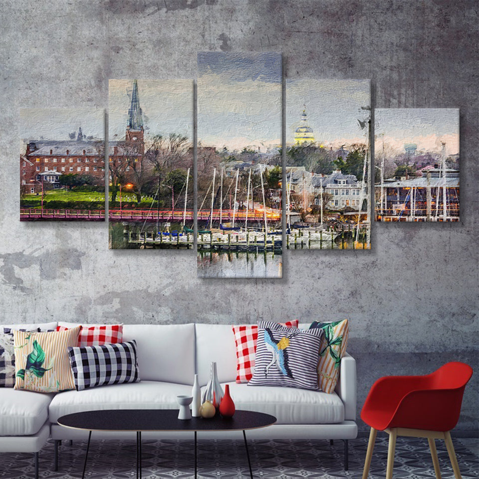 Annapolis Cityscape Maryland 5 Piece Canvas Prints Wall Art Decor - Painting Canvas, Multi Panels