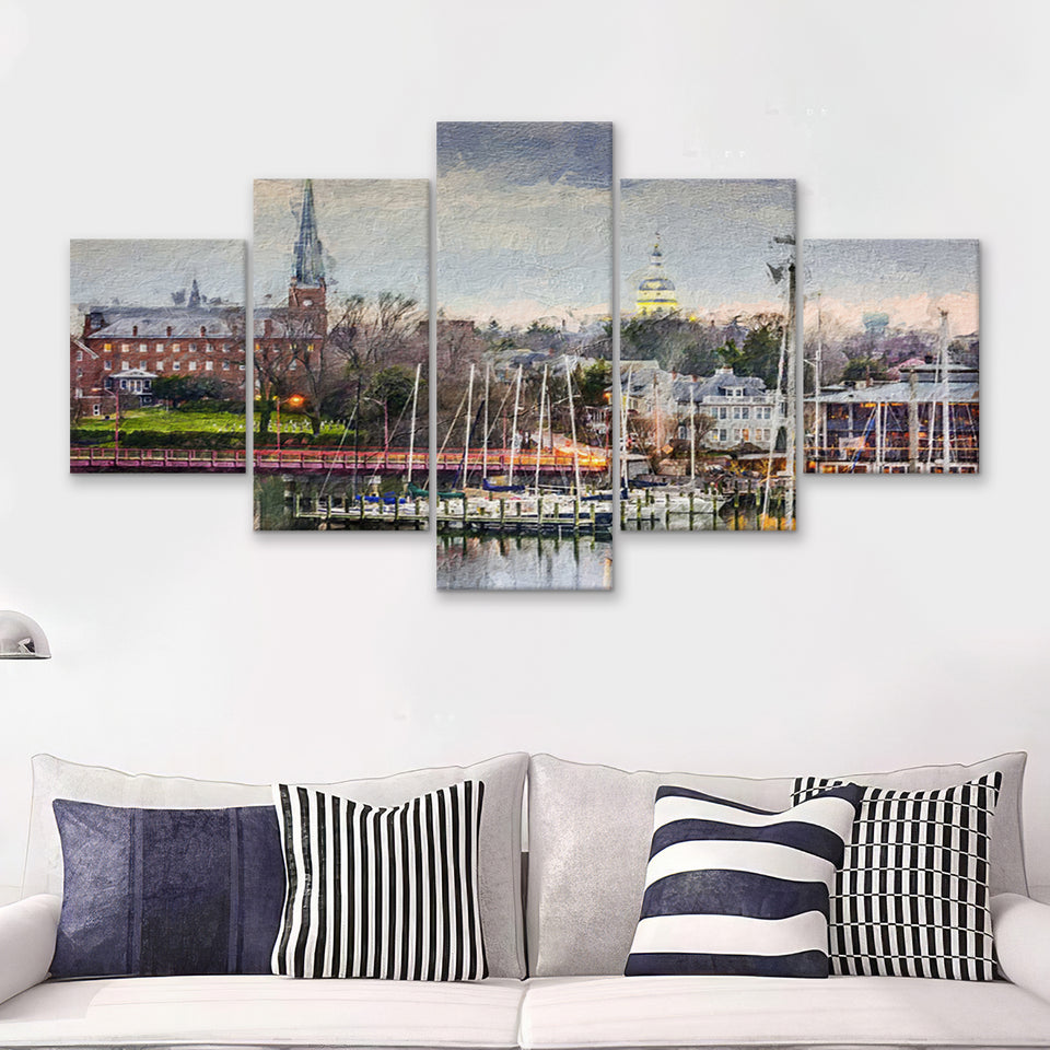 Annapolis Cityscape Maryland 5 Piece Canvas Prints Wall Art Decor - Painting Canvas, Multi Panels