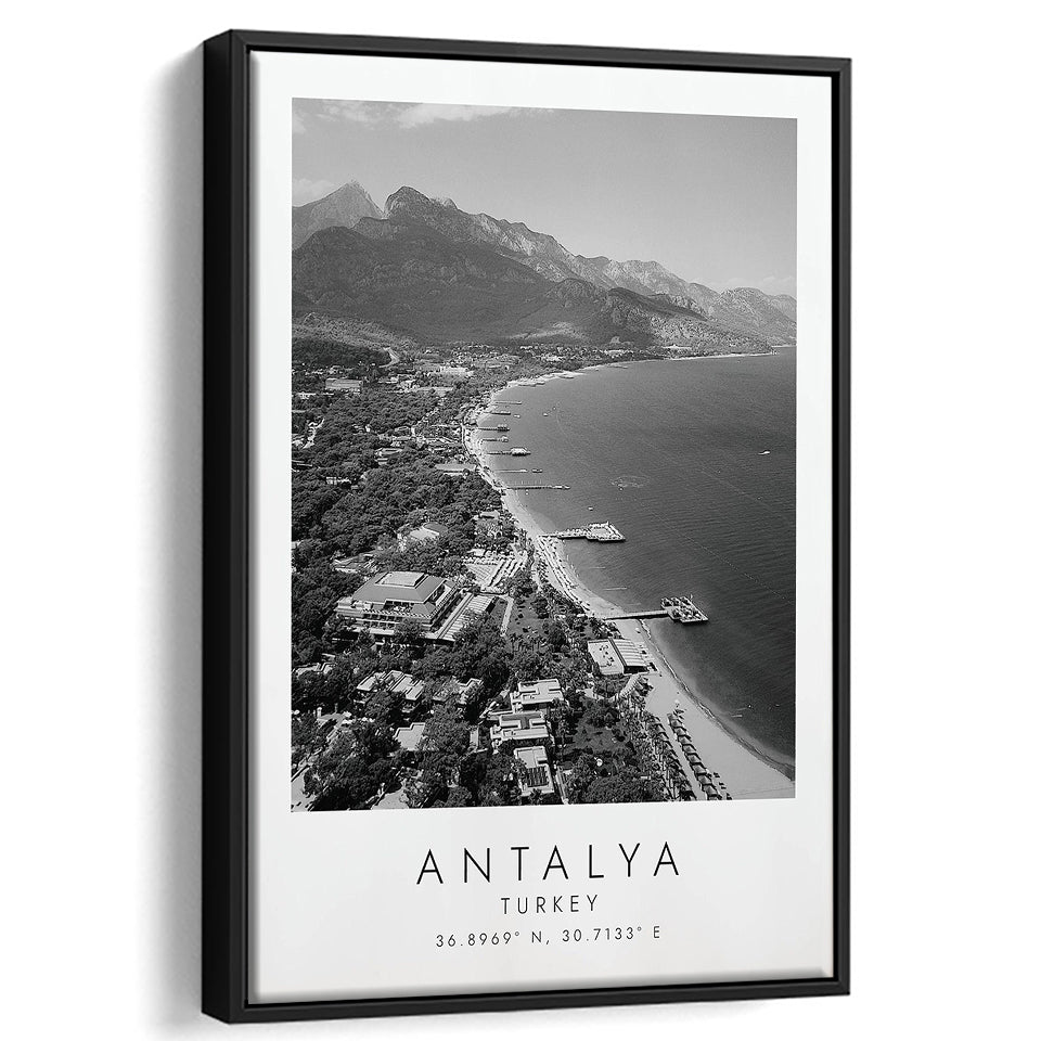 Antalya, Turkey Black And White Art Framed Canvas Prints Wall Art Home Decor, Floating Frame