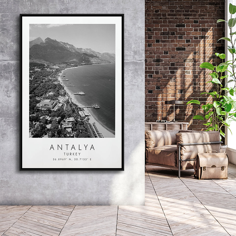 Antalya, Turkey Black And White Art Framed Canvas Prints Wall Art Home Decor, Floating Frame