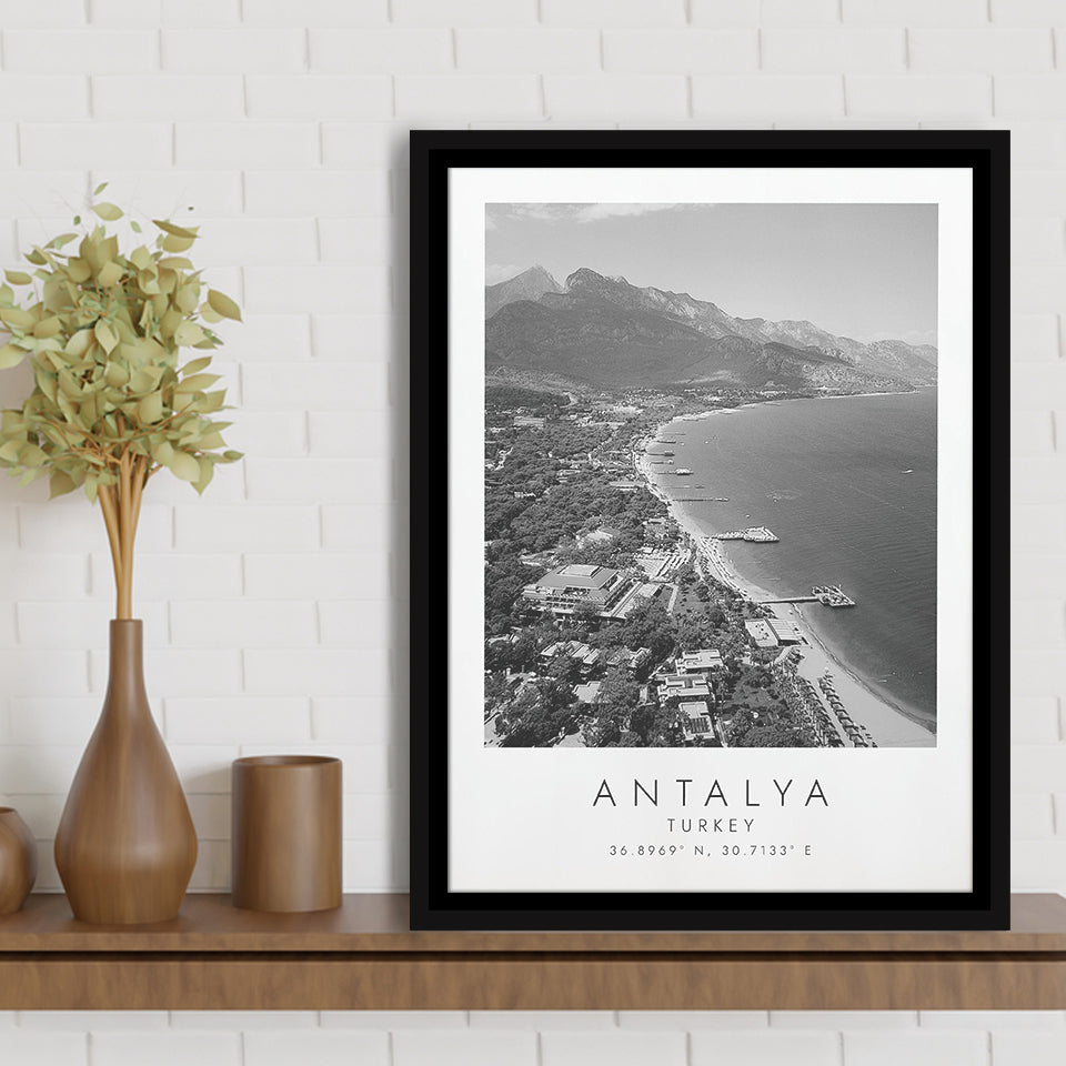Antalya, Turkey Black And White Art Framed Canvas Prints Wall Art Home Decor, Floating Frame
