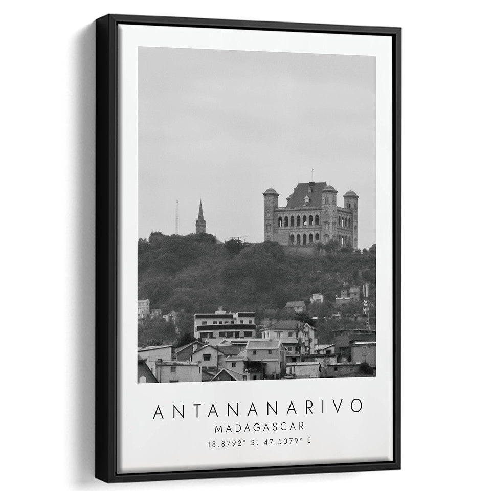 Antananarivo, Madagascar Black And White Art Framed Canvas Prints Wall Art Home Decor, Floating Frame