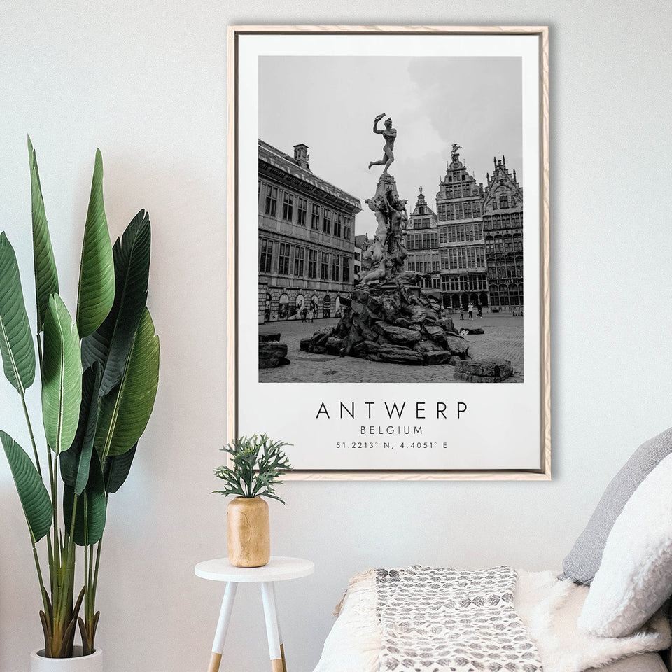 Antwerp, Belgium Black And White Art Framed Canvas Prints Wall Art Home Decor, Floating Frame