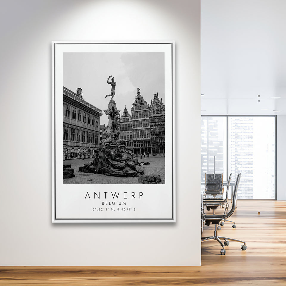 Antwerp, Belgium Black And White Art Framed Canvas Prints Wall Art Home Decor, Floating Frame