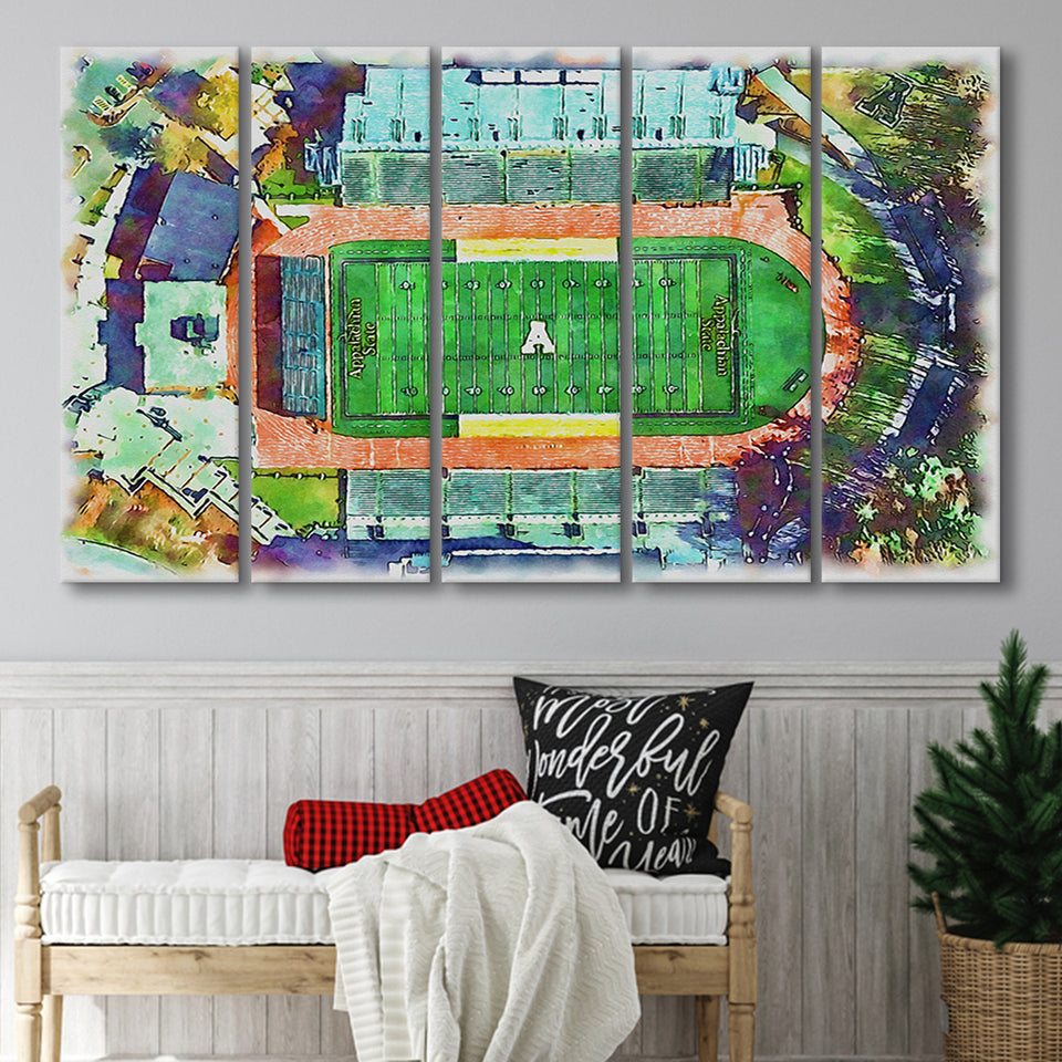 Appalachian Mountaineers Kidd Brewer Stadium Watercolor100, 5 Pieces B, Multi Panel Canvas Prints Wall Art Decor