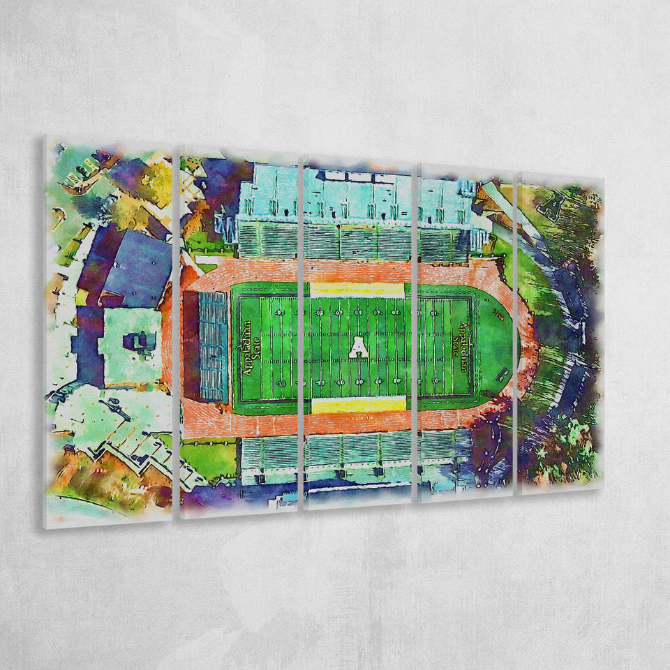 Appalachian Mountaineers Kidd Brewer Stadium Watercolor100, 5 Pieces B, Multi Panel Canvas Prints Wall Art Decor