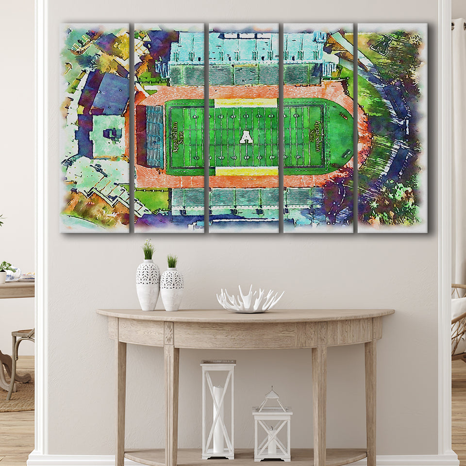 Appalachian Mountaineers Kidd Brewer Stadium Watercolor, 5 Pieces B, Multi Panel Canvas Prints Wall Art Decor