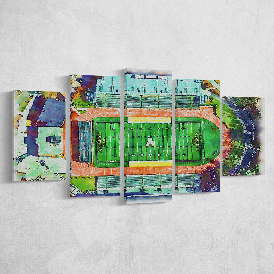 Appalachian Mountaineers Kidd Brewer Stadium Watercolor, 5 Pieces, Multi Panel Canvas Prints Wall Art Decor