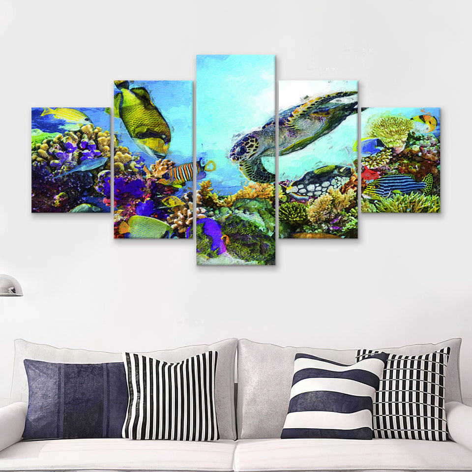Aquarium Decor for House Underwater Life 5 Piece Canvas Prints Wall Art Decor - Painting Canvas, Multi Panels
