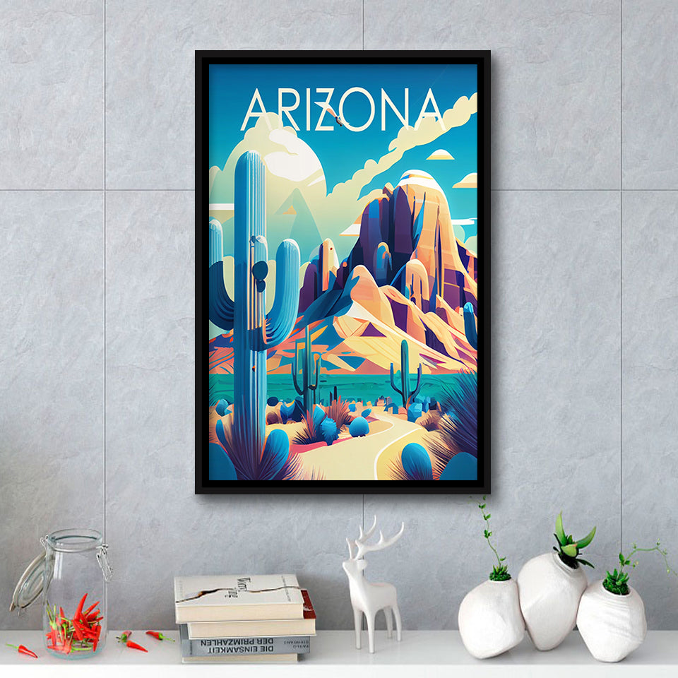 Arizona Retro Art Print, Large Canvas, Framed Canvas Print Wall Art Home Decor, Floating Frame