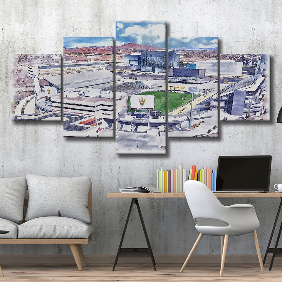 Arizona State Sun Devils Sun Devil Stadium Watercolor, 5 Pieces, Multi Panel Canvas Prints Wall Art Decor