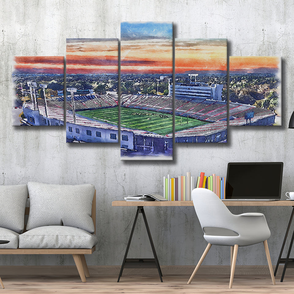 Arkansas Razorbacks War Memorial Stadium Watercolor, 5 Pieces, Multi Panel Canvas Prints Wall Art Decor