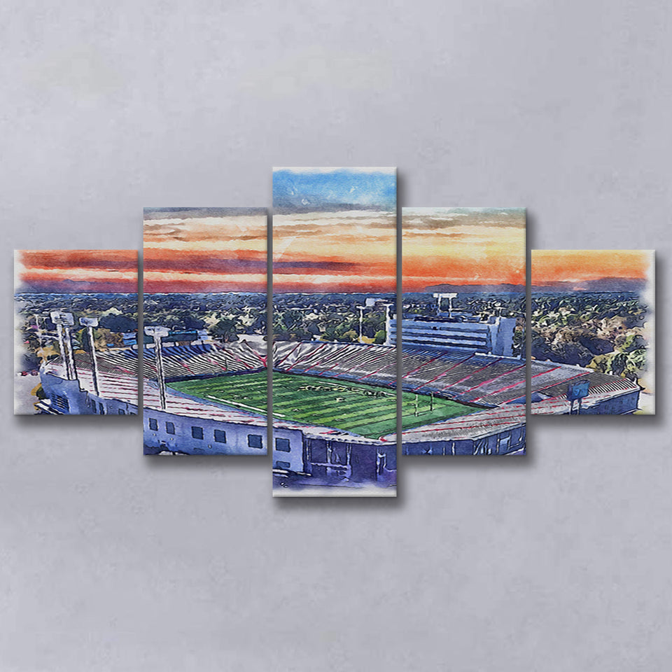 Arkansas Razorbacks War Memorial Stadium Watercolor, 5 Pieces, Multi Panel Canvas Prints Wall Art Decor