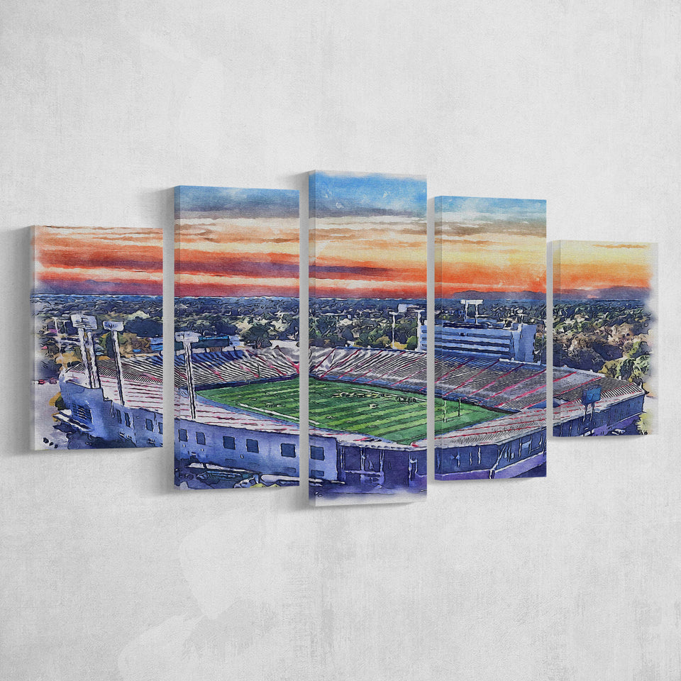 Arkansas Razorbacks War Memorial Stadium Watercolor, 5 Pieces, Multi Panel Canvas Prints Wall Art Decor