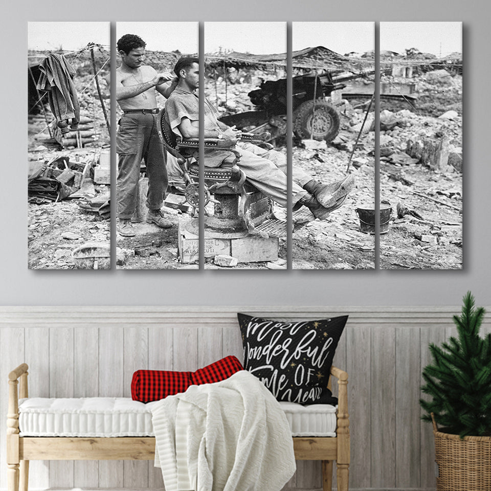 Army Barber Black And White Print, Soldier Getting Haircut Larger Canvas Art, 5 Piece Canvas Prints Wall Art Decor