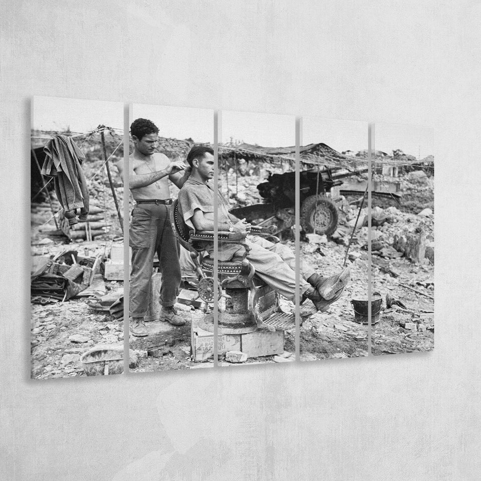 Army Barber Black And White Print, Soldier Getting Haircut Larger Canvas Art, 5 Piece Canvas Prints Wall Art Decor