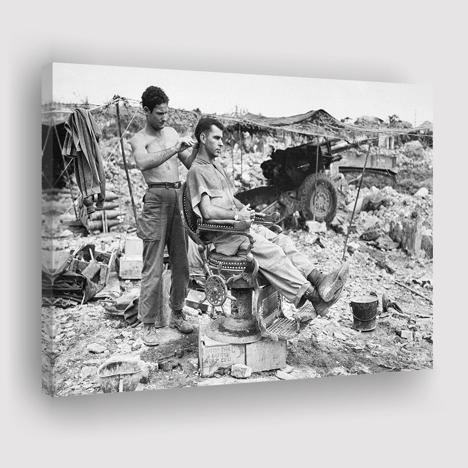 Army Barber Black And White Print, Soldier Getting Haircut Canvas Prints Wall Art Home Decor