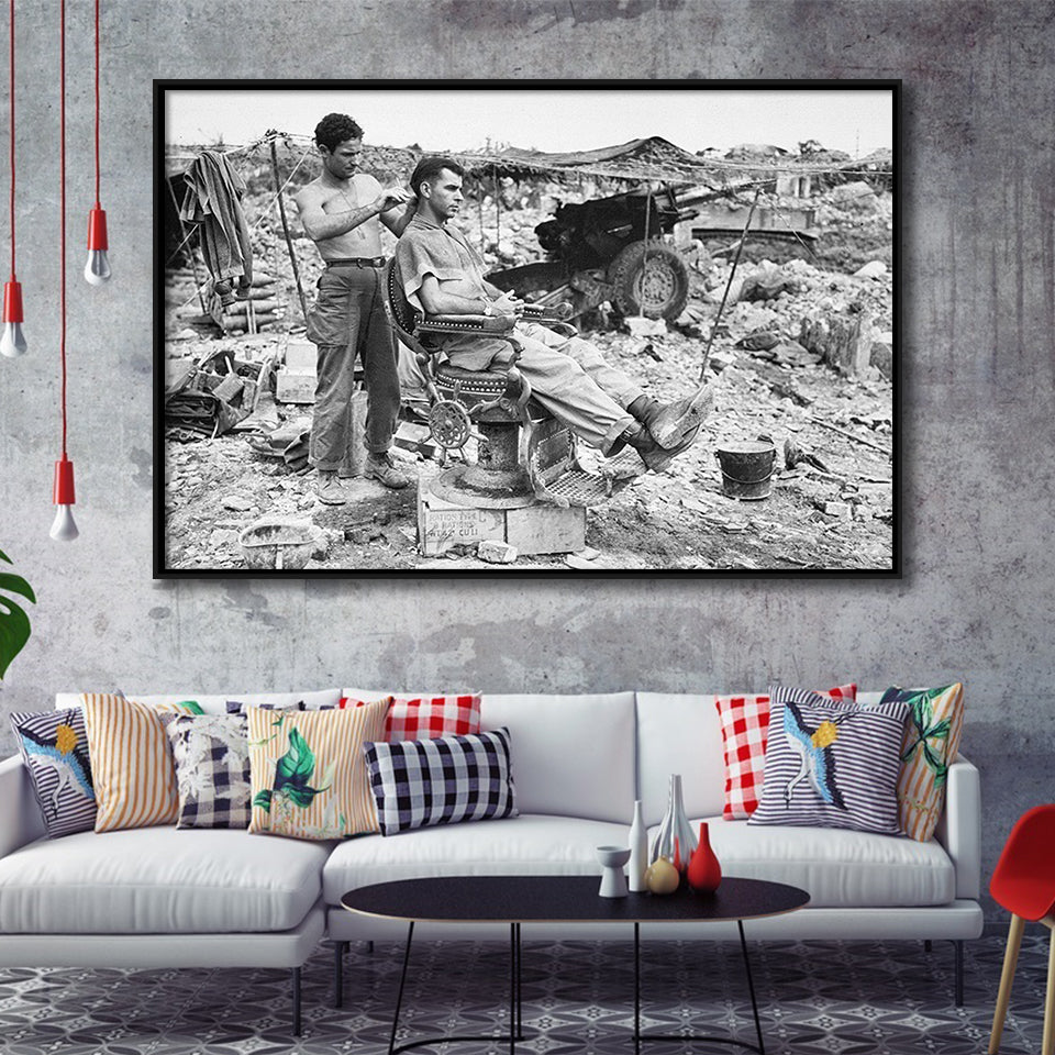 Army Barber Black And White Print, Soldier Getting Haircut Framed Canvas Prints Wall Art Home Decor,Floating Frame