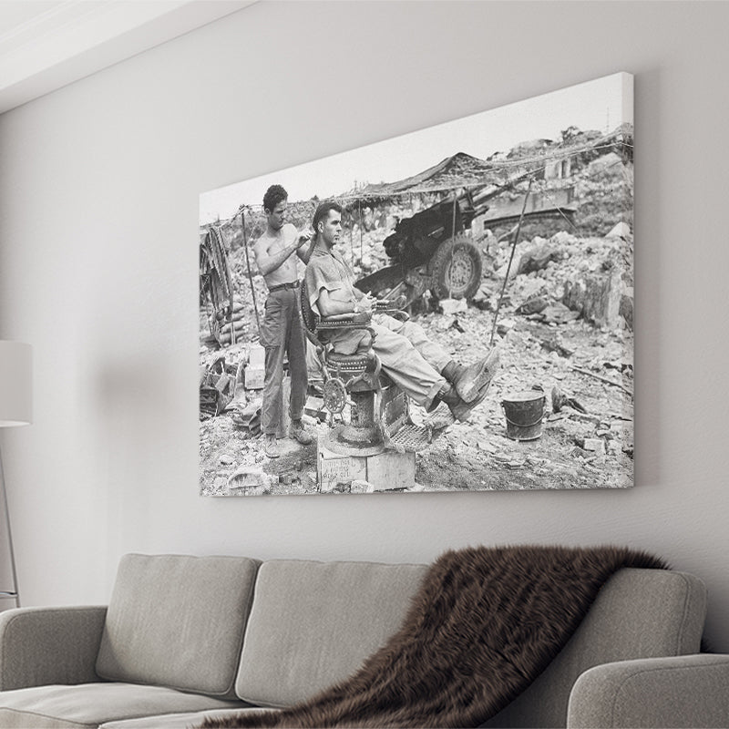 Army Barber Black And White Print, Soldier Getting Haircut Canvas Prints Wall Art Home Decor