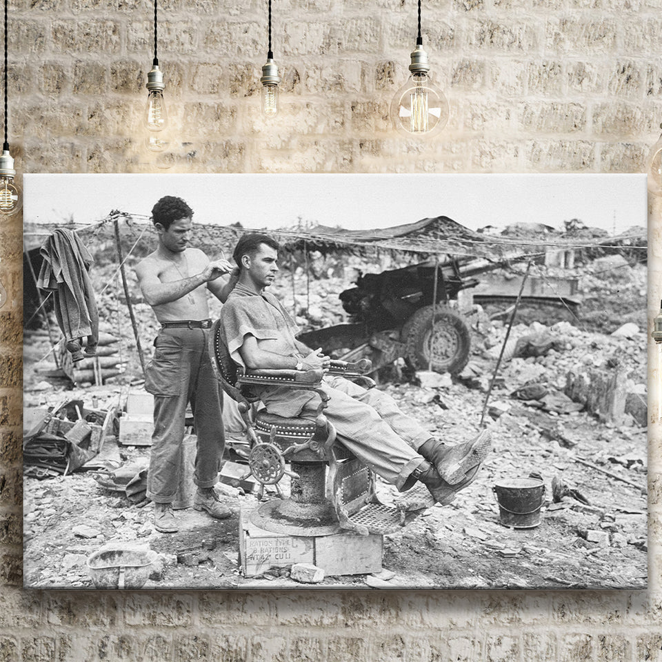Army Barber Black And White Print, Soldier Getting Haircut Canvas Prints Wall Art Home Decor