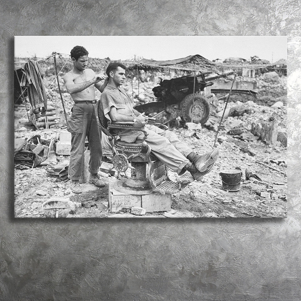 Army Barber Black And White Print, Soldier Getting Haircut Canvas Prints Wall Art Home Decor