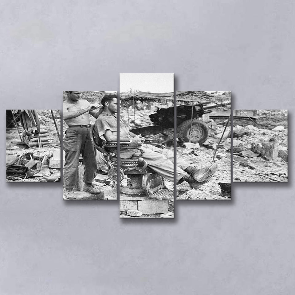 Army Barber Black And White Print, Soldier Getting Haircut 5 Panels, Canvas Prints Wall Art Decor, Large Canvas Art