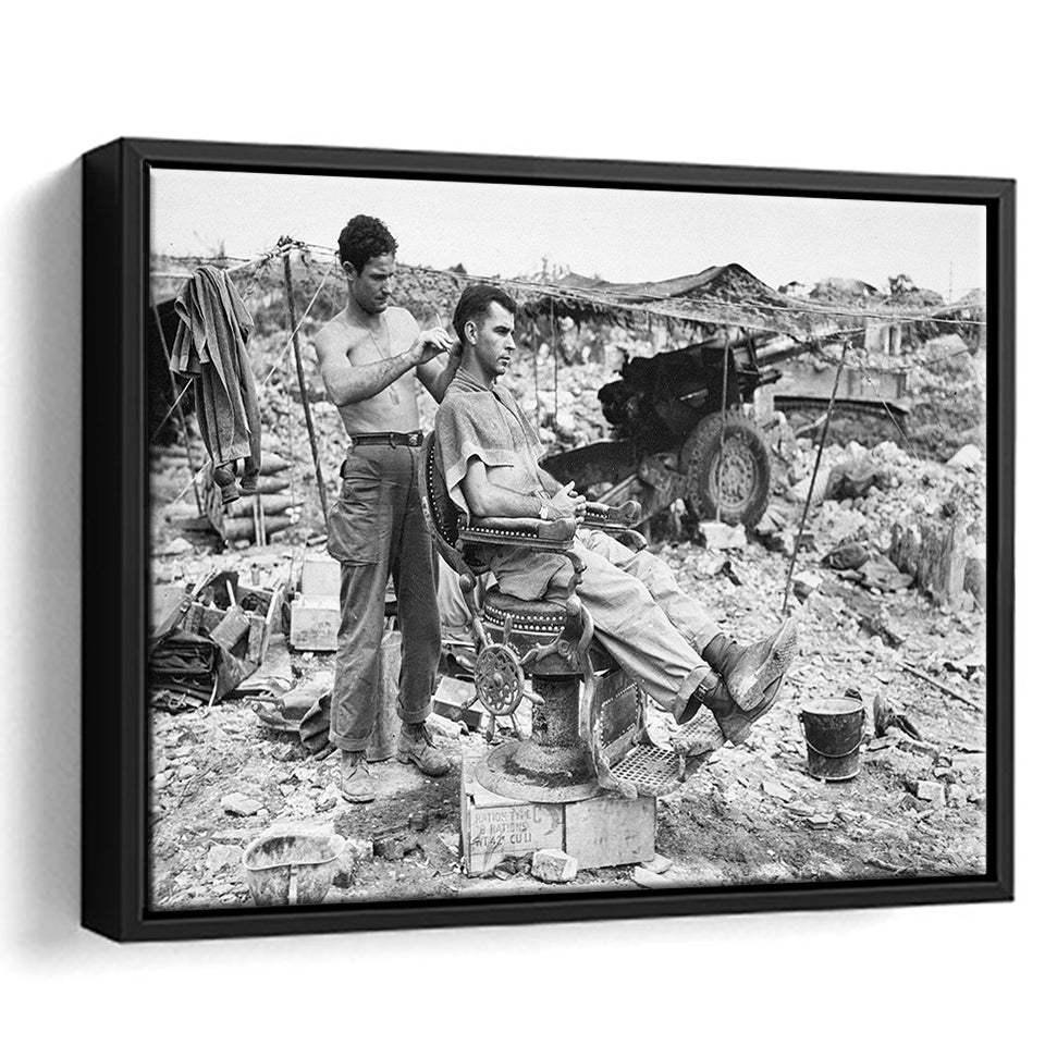 Army Barber Black And White Print, Soldier Getting Haircut Framed Canvas Prints Wall Art Home Decor,Floating Frame