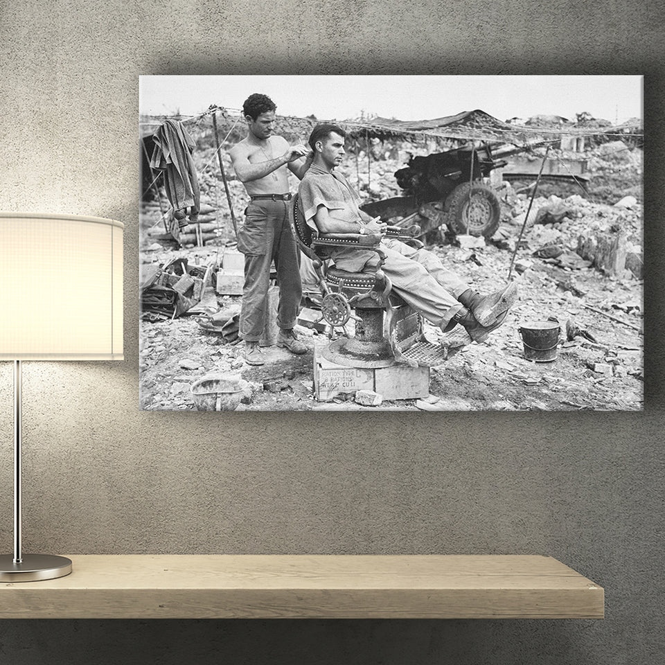 Army Barber Black And White Print, Soldier Getting Haircut Canvas Prints Wall Art Home Decor
