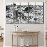 Army Barber Black And White Print, Soldier Getting Haircut Larger Canvas Art, 5 Piece Canvas Prints Wall Art Decor