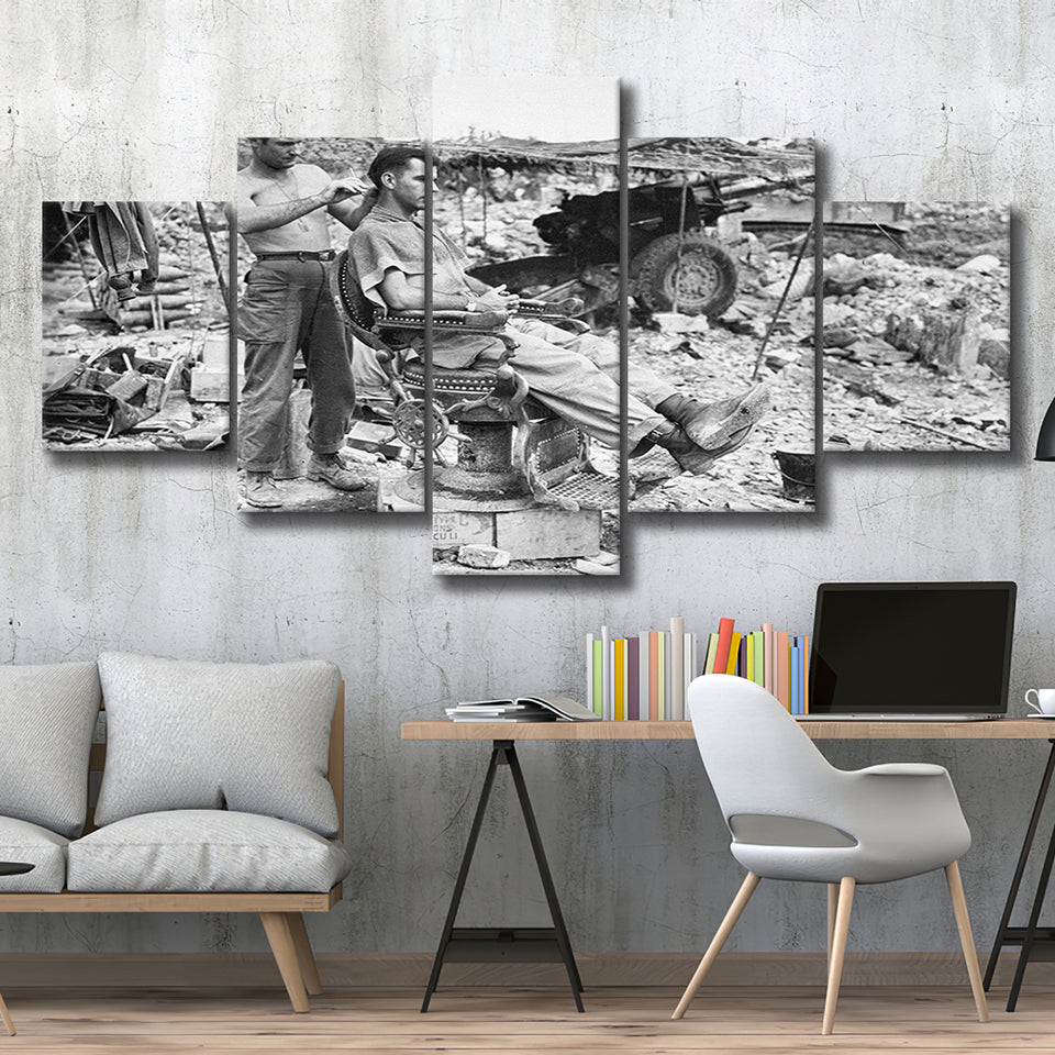 Army Barber Black And White Print, Soldier Getting Haircut 5 Panels, Canvas Prints Wall Art Decor, Large Canvas Art