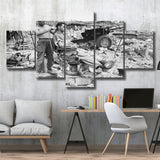 Army Barber Black And White Print, Soldier Getting Haircut 5 Panels, Canvas Prints Wall Art Decor, Large Canvas Art