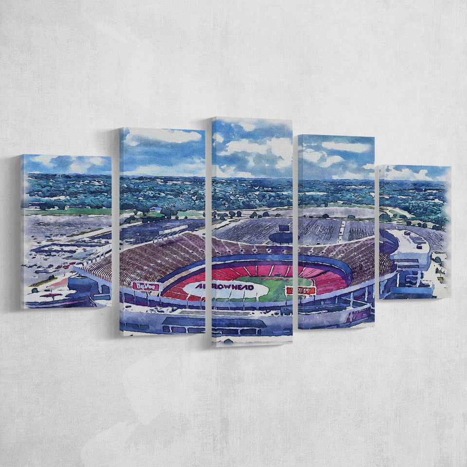 Arrowhead Stadium Chiefs Football Stadium Watercolor, 5 Pieces, Multi Panel Canvas Prints Wall Art Decor