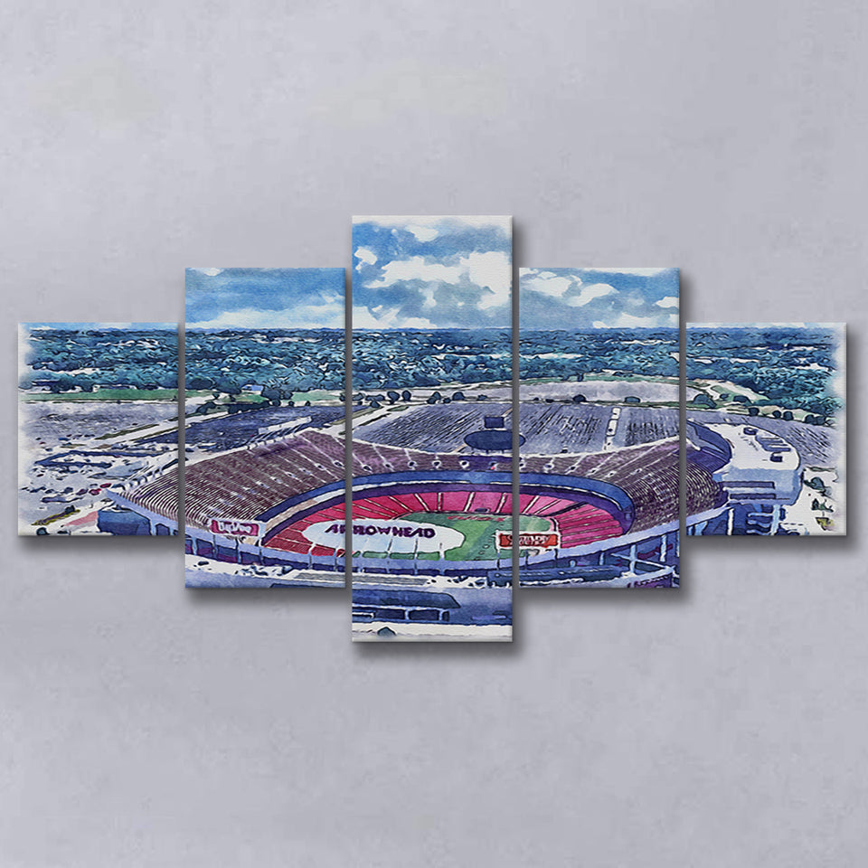 Arrowhead Stadium Chiefs Football Stadium Watercolor, 5 Pieces, Multi Panel Canvas Prints Wall Art Decor