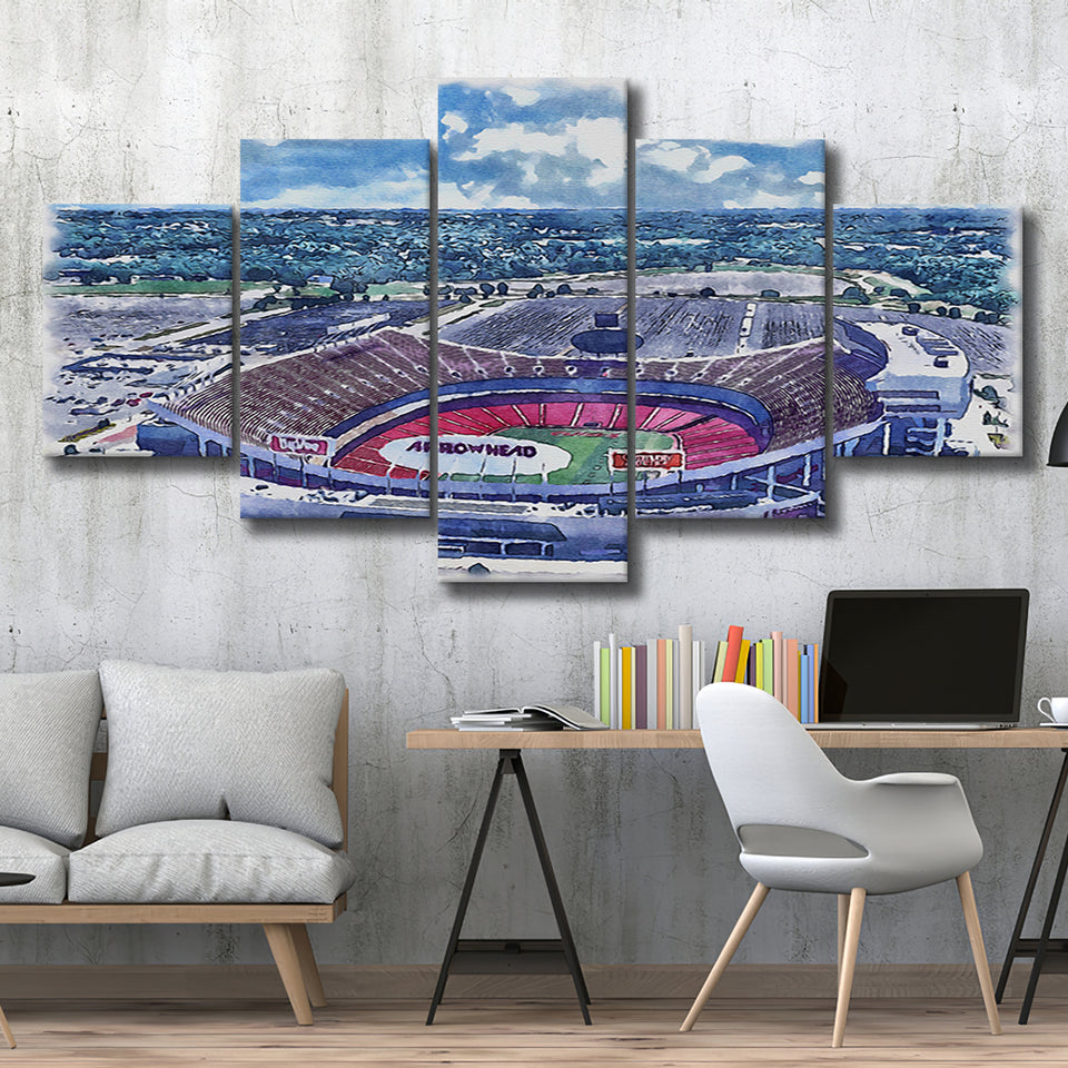 Arrowhead Stadium Chiefs Football Stadium Watercolor, 5 Pieces, Multi Panel Canvas Prints Wall Art Decor