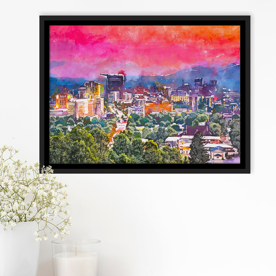 Asheville North Carolina Usa Twilight City Art Watercolor Framed Canvas Prints Wall Art Home Decor,Floating Frame