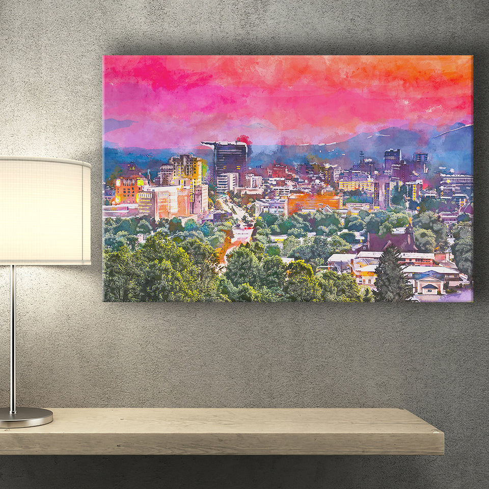 Asheville North Carolina Usa Twilight City Art Watercolor Canvas Prints Wall Art Home Decor, Large Canvas