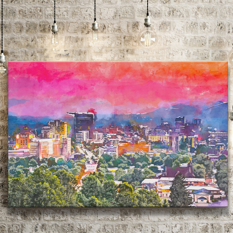 Asheville North Carolina Usa Twilight City Art Watercolor Canvas Prints Wall Art Home Decor, Large Canvas