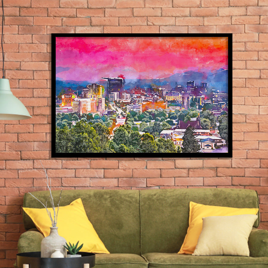 Asheville North Carolina Usa Twilight City Art Watercolor Framed Art Prints Wall Art Decor,Framed Picture