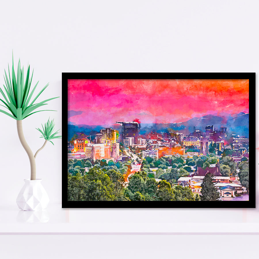 Asheville North Carolina Usa Twilight City Art Watercolor Framed Art Prints Wall Art Decor,Framed Picture