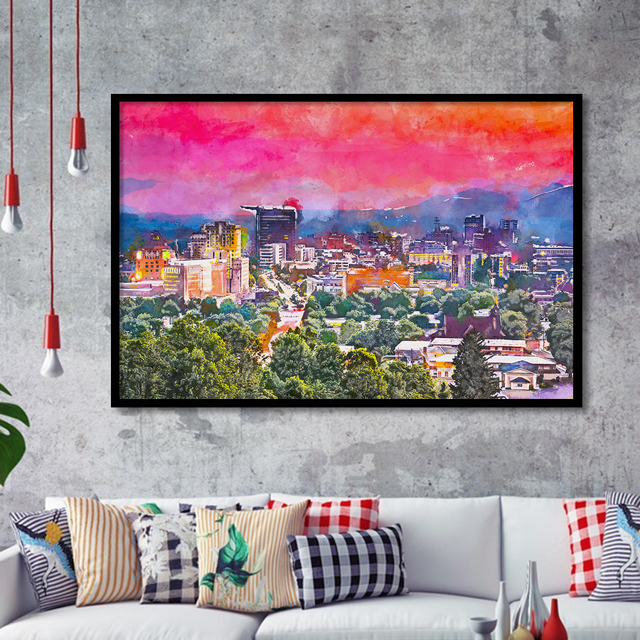 Asheville North Carolina Usa Twilight City Art Watercolor Framed Art Prints Wall Art Decor,Framed Picture