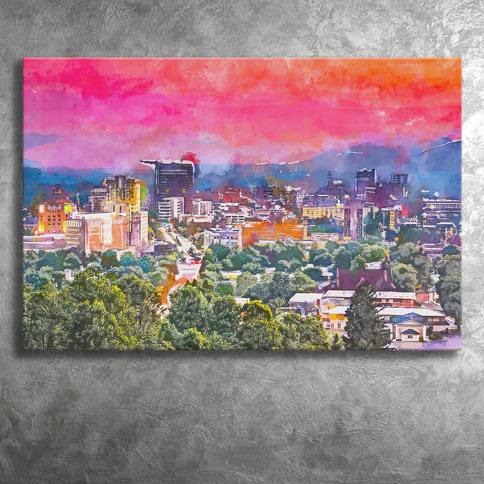 Asheville North Carolina Usa Twilight City Art Watercolor Canvas Prints Wall Art Home Decor, Large Canvas