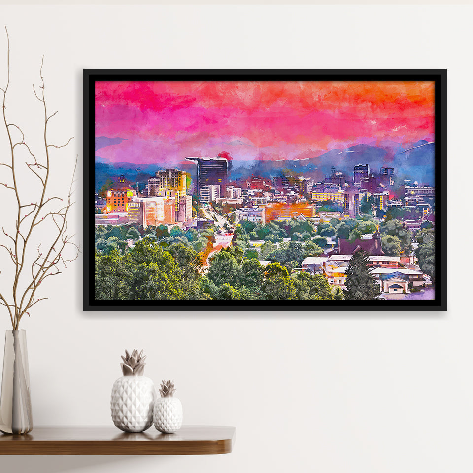 Asheville North Carolina Usa Twilight City Art Watercolor Framed Canvas Prints Wall Art Home Decor,Floating Frame