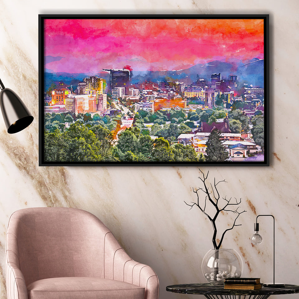 Asheville North Carolina Usa Twilight City Art Watercolor Framed Canvas Prints Wall Art Home Decor,Floating Frame