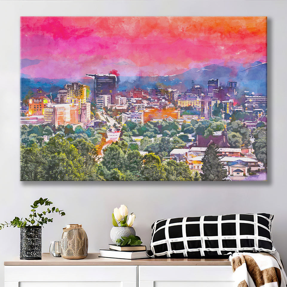 Asheville North Carolina Usa Twilight City Art Watercolor Canvas Prints Wall Art Home Decor, Large Canvas