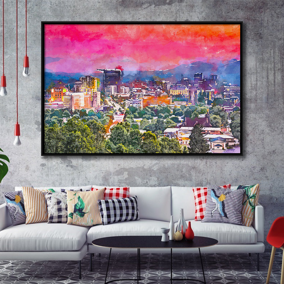 Asheville North Carolina Usa Twilight City Art Watercolor Framed Canvas Prints Wall Art Home Decor,Floating Frame