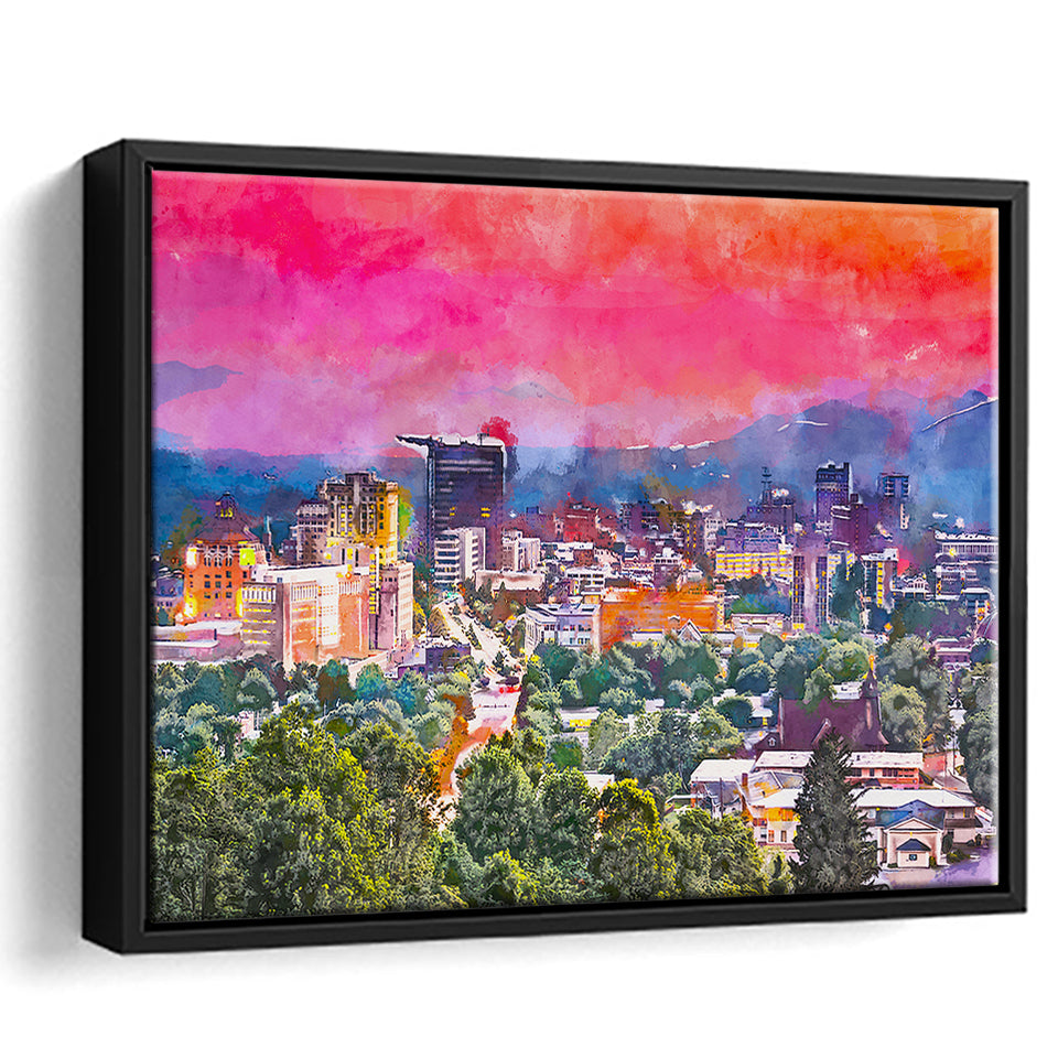 Asheville North Carolina Usa Twilight City Art Watercolor Framed Canvas Prints Wall Art Home Decor,Floating Frame