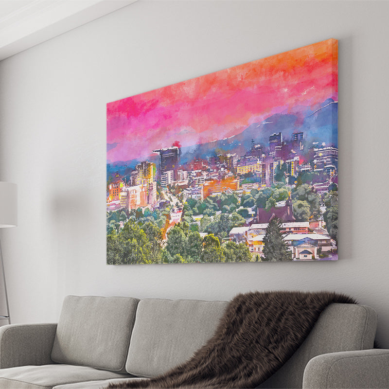 Asheville North Carolina Usa Twilight City Art Watercolor Canvas Prints Wall Art Home Decor, Large Canvas