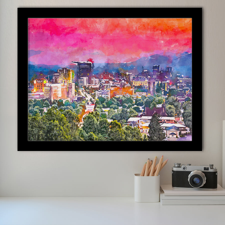 Asheville North Carolina Usa Twilight City Art Watercolor Framed Art Prints Wall Art Decor,Framed Picture